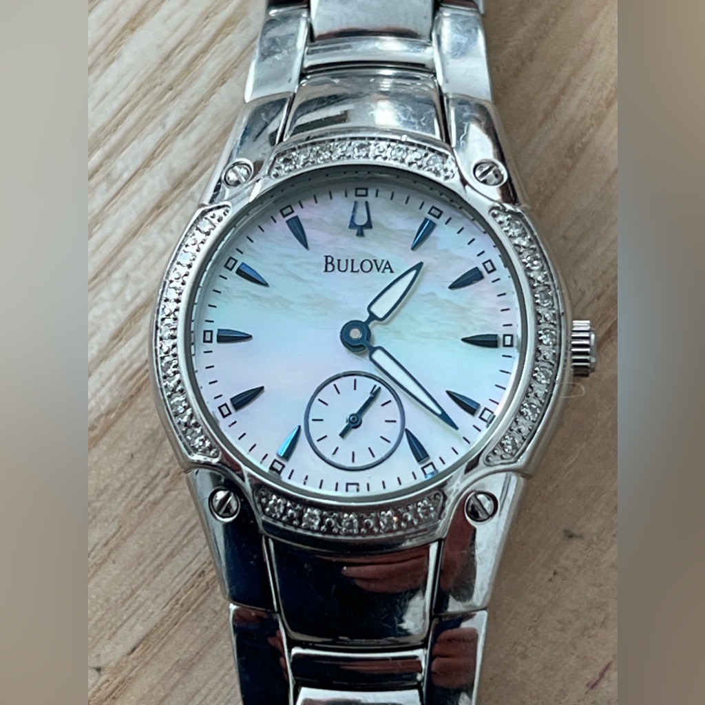 Bulova Diamonds Ladies Watch Pearl Dial Stainless Bracelet Blue Markers 96r55